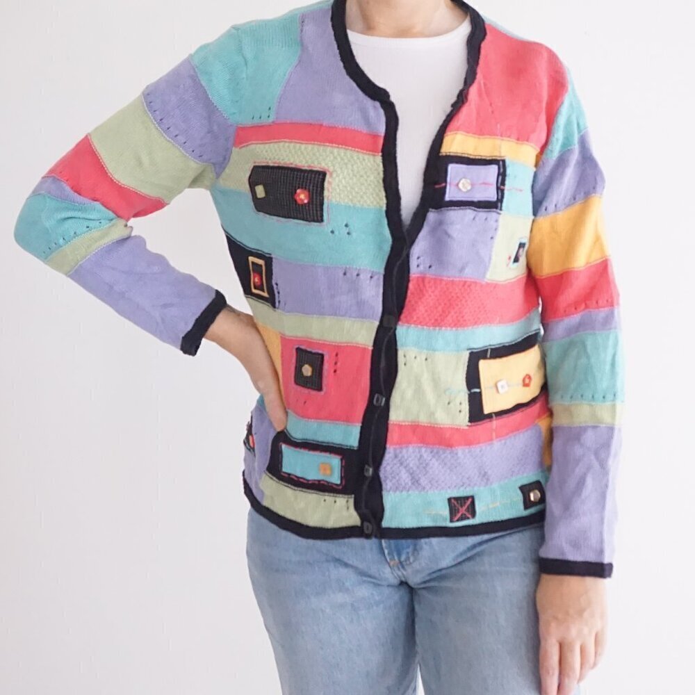 Koret Teal Pink Colorblock Cotton Blend Patchwork Button Up Cardigan Sweater M